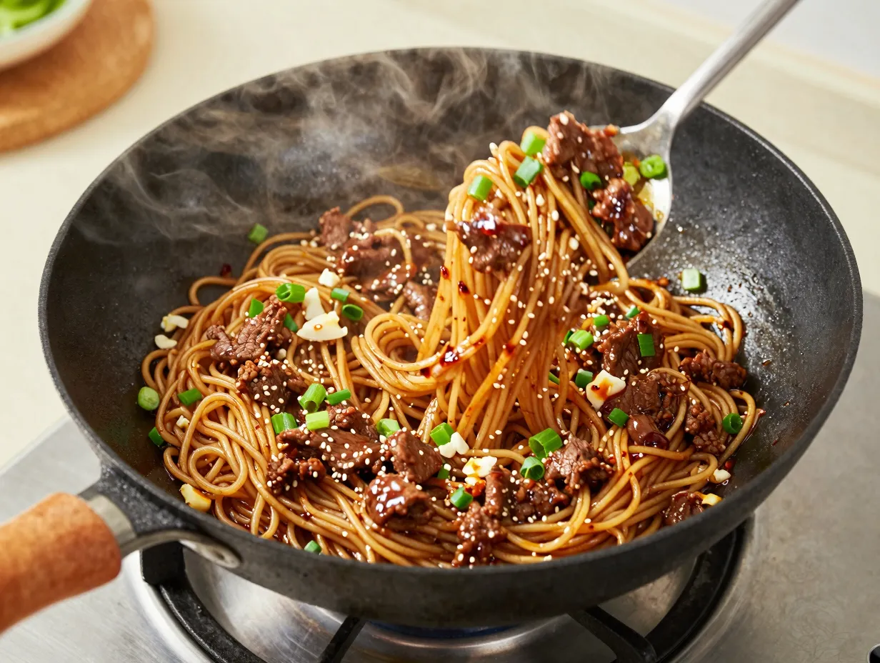 Savory asian ground beef noodles in a single wok