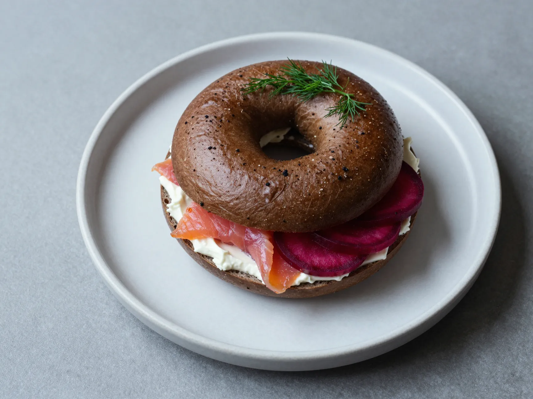 The nordic gravlax bagel with beet and dill