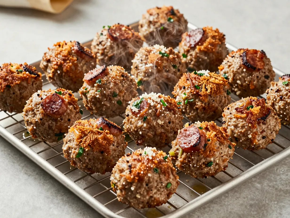 A sheet pan of perfectly baked italian beef meatballs