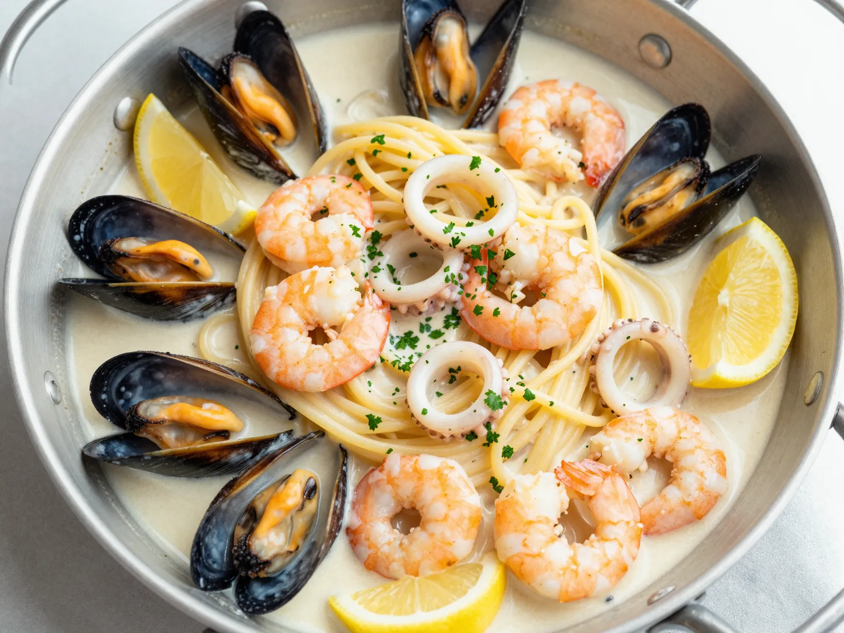 Creamy garlic seafood pasta