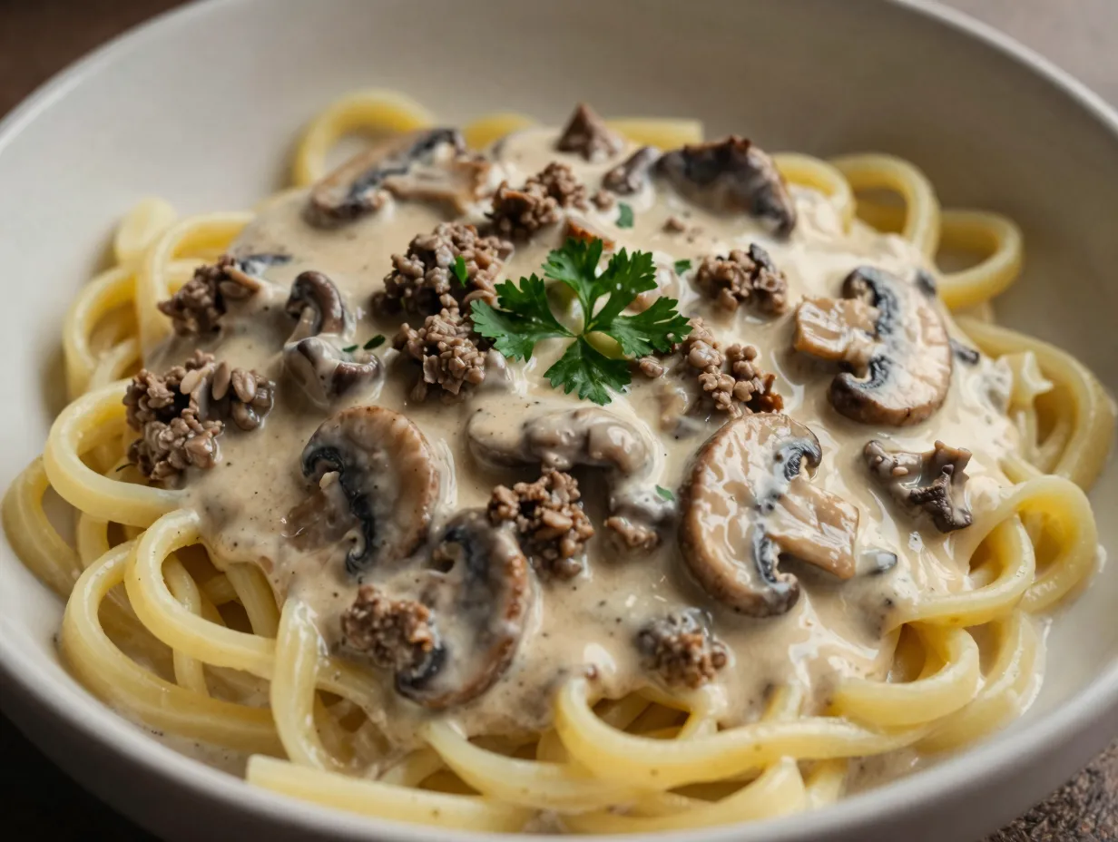 Creamy ground beef stroganoff served over egg noodles