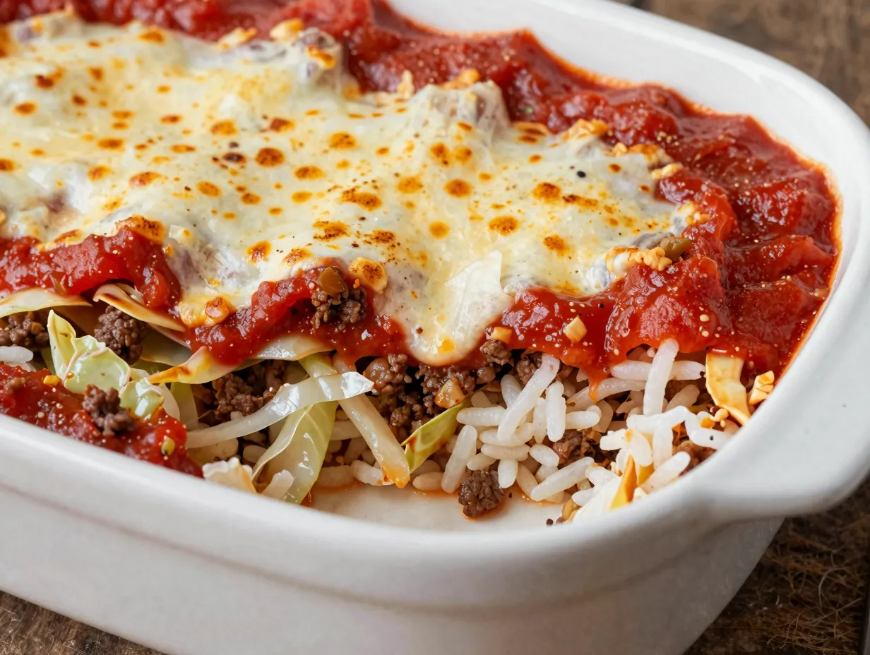 A layered cabbage casserole with beef and tomato sauce