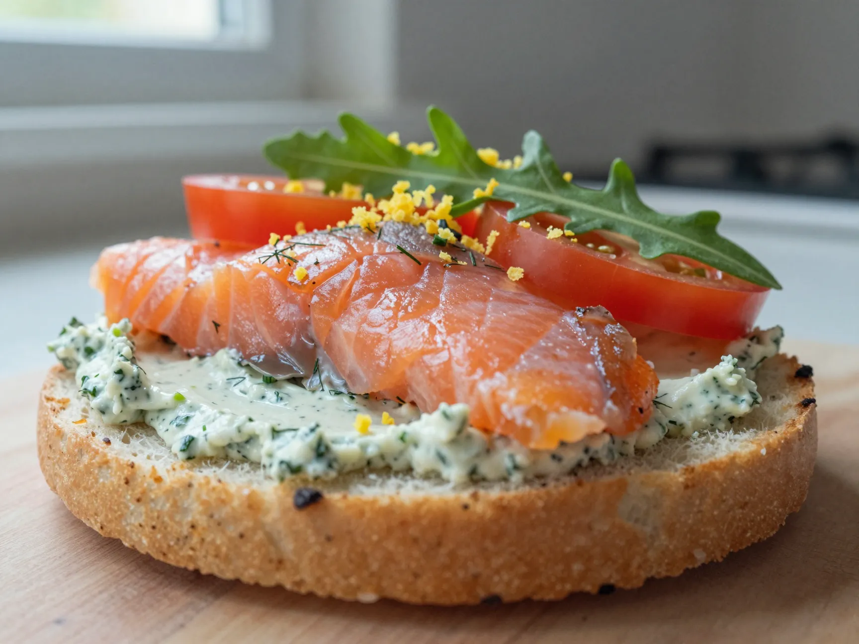 The poached salmon and herb cream cheese bagel