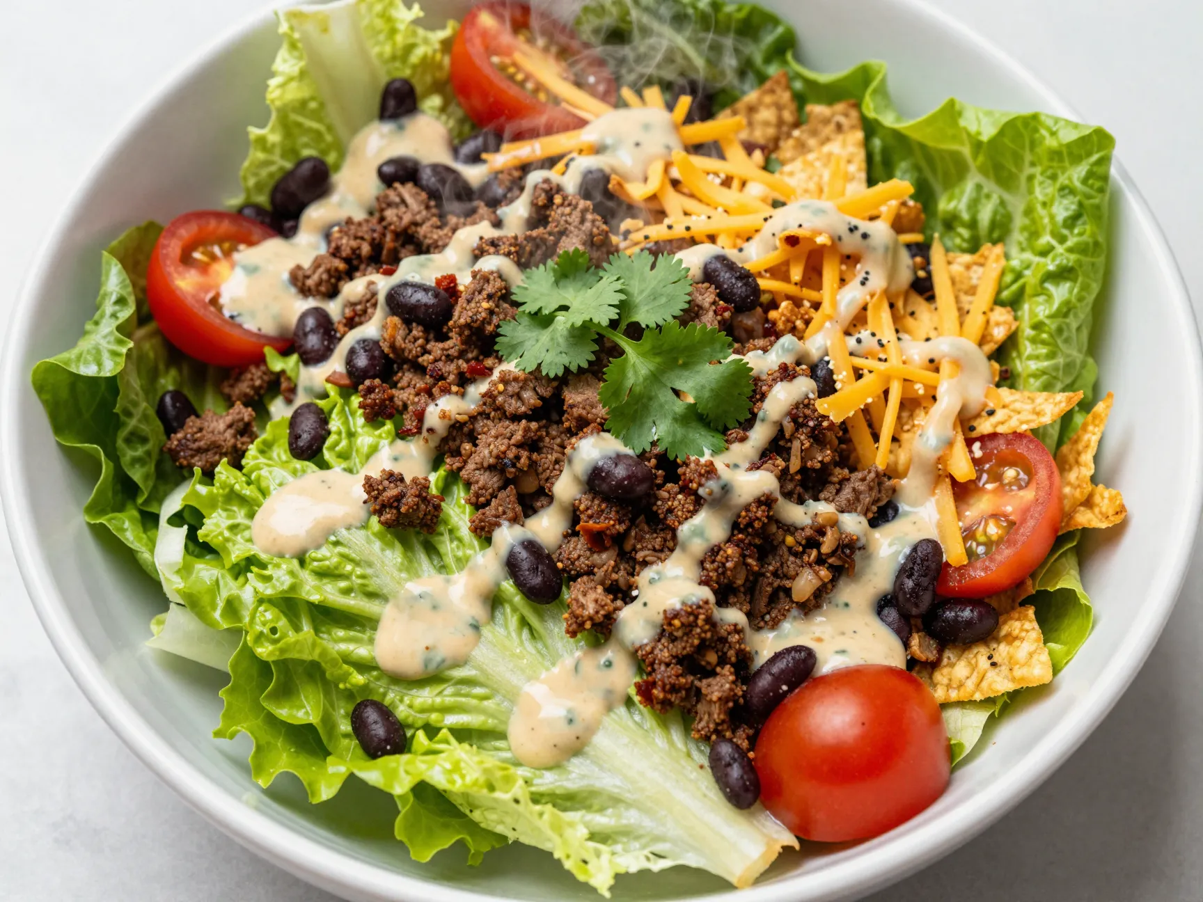 A contrasting warm cold taco salad in a large bowl