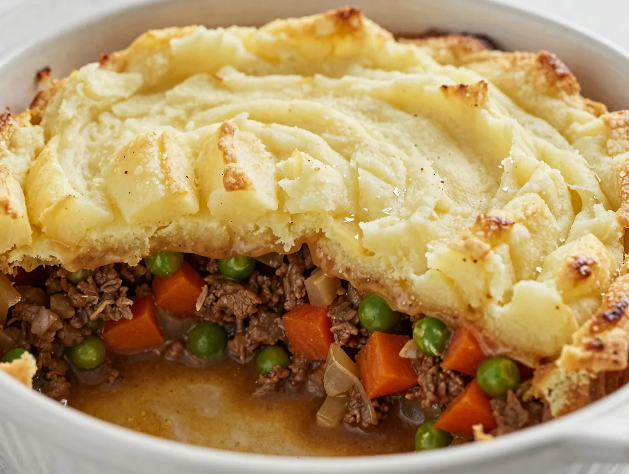 A golden crusted shepherds pie with creamy potatoes