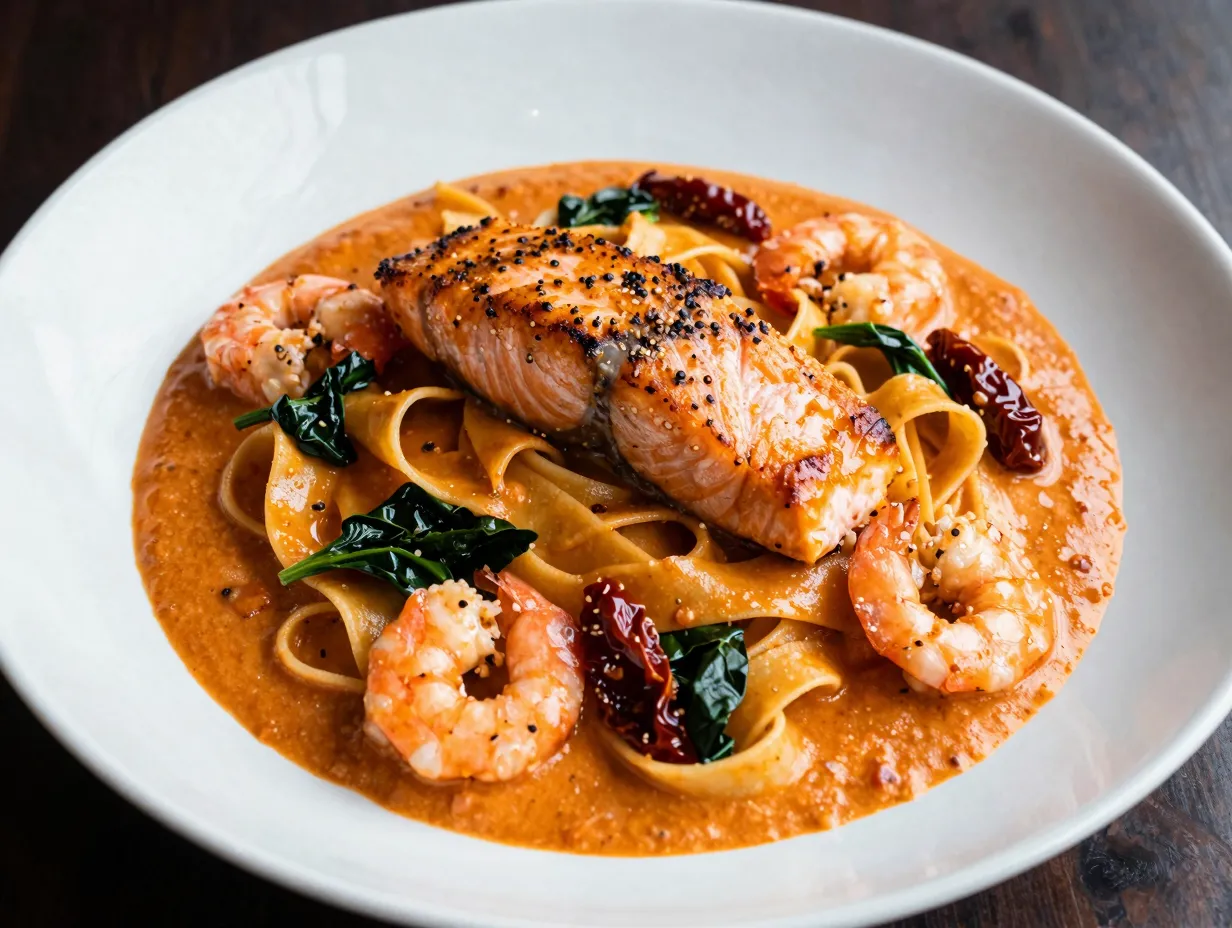 Creamy tuscan salmon and shrimp pasta