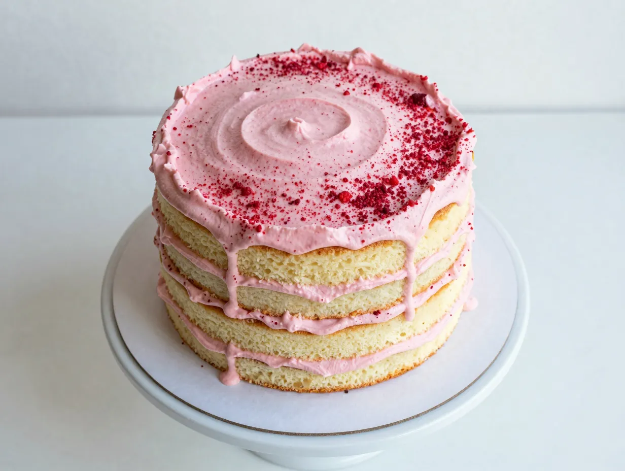 Classic strawberry lemon layer cake with freeze dried strawberry buttercream