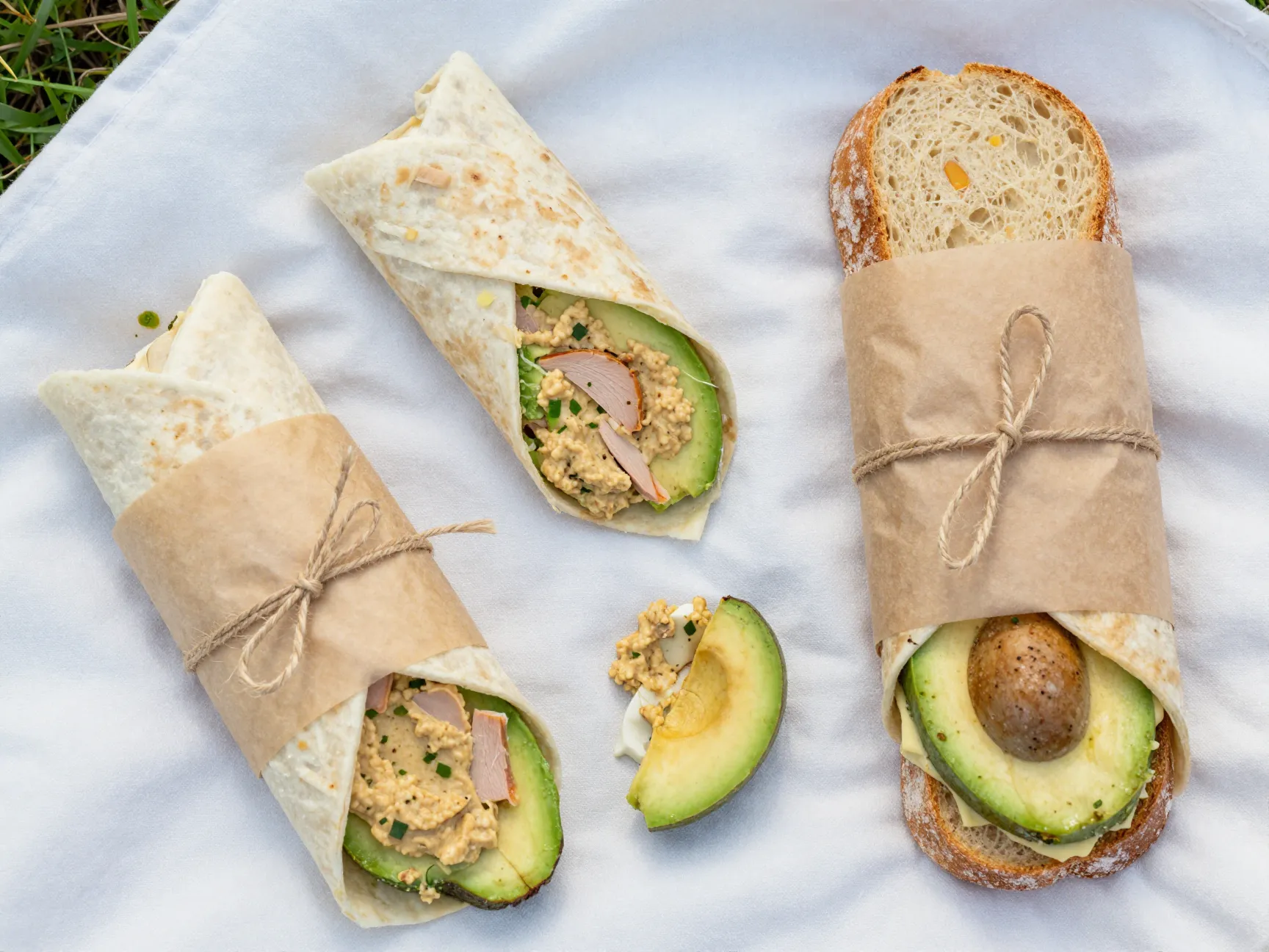 Constructed make ahead sandwich wrapped in parchment on blanket