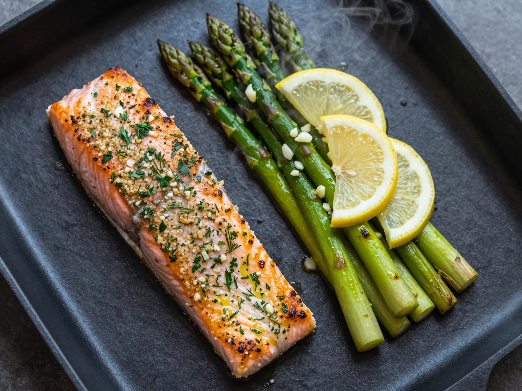 Herb crusted baked salmon with lemon garlic asparagus