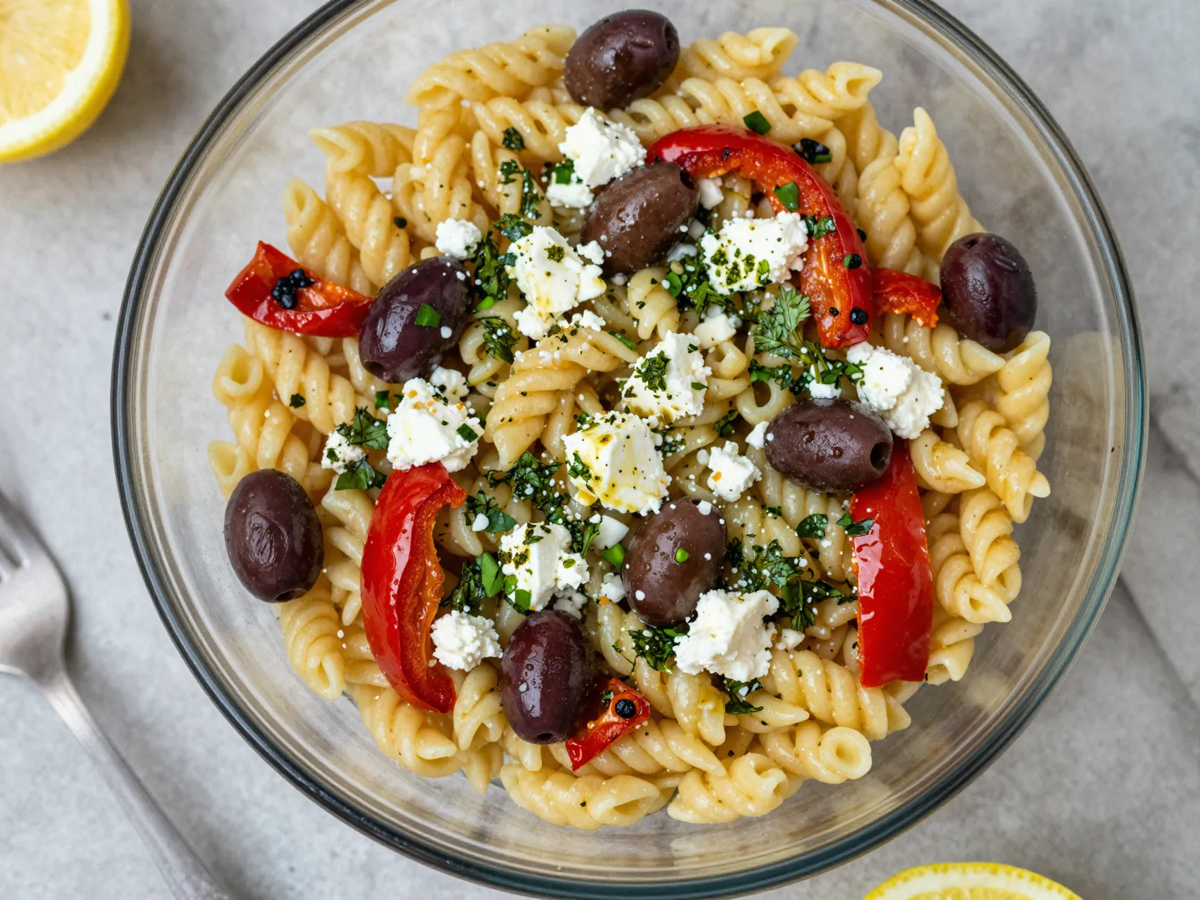 Colorful orzo grain salad with feta in glass container