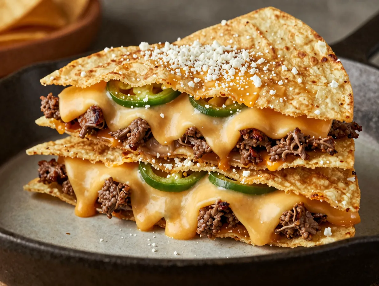 Extra cheesy double layer beef nachos