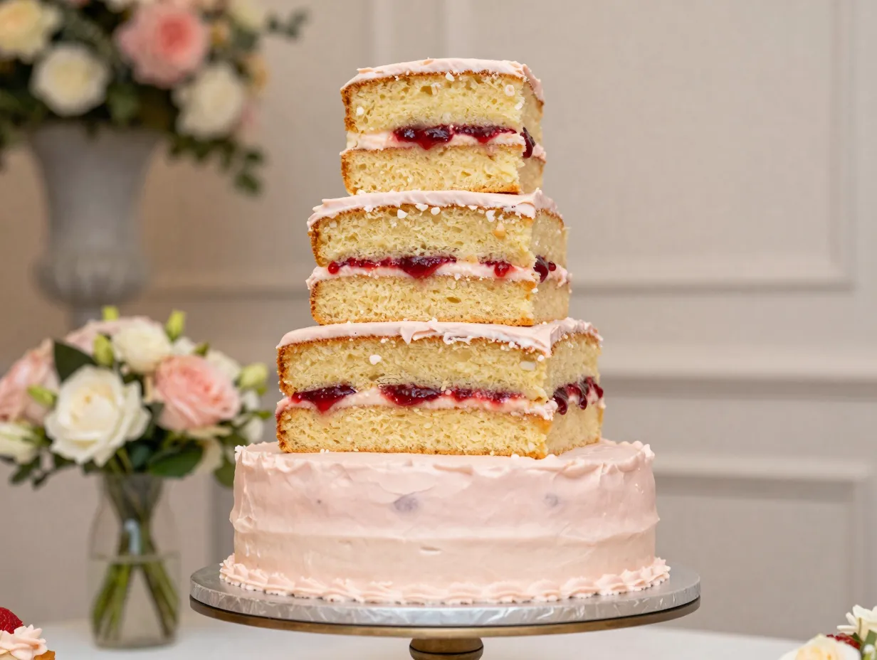 Four layer strawberry lemon cake with blush pink buttercream