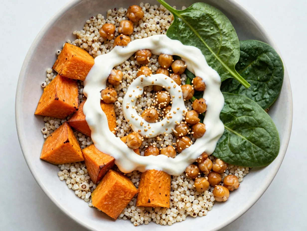 Quinoa power bowl with roasted sweet potato and tahini drizzle