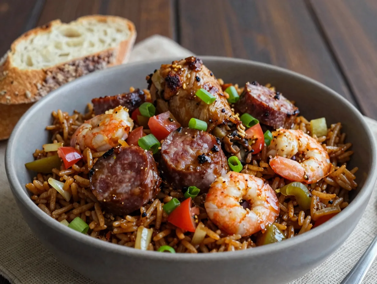 Chicken andouille and shrimp jambalaya