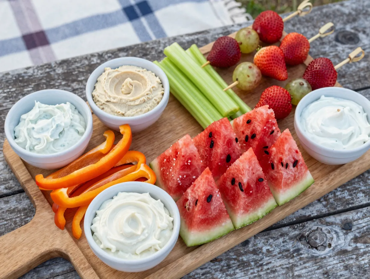 Fresh fruit crudites arranged intentionally with dips