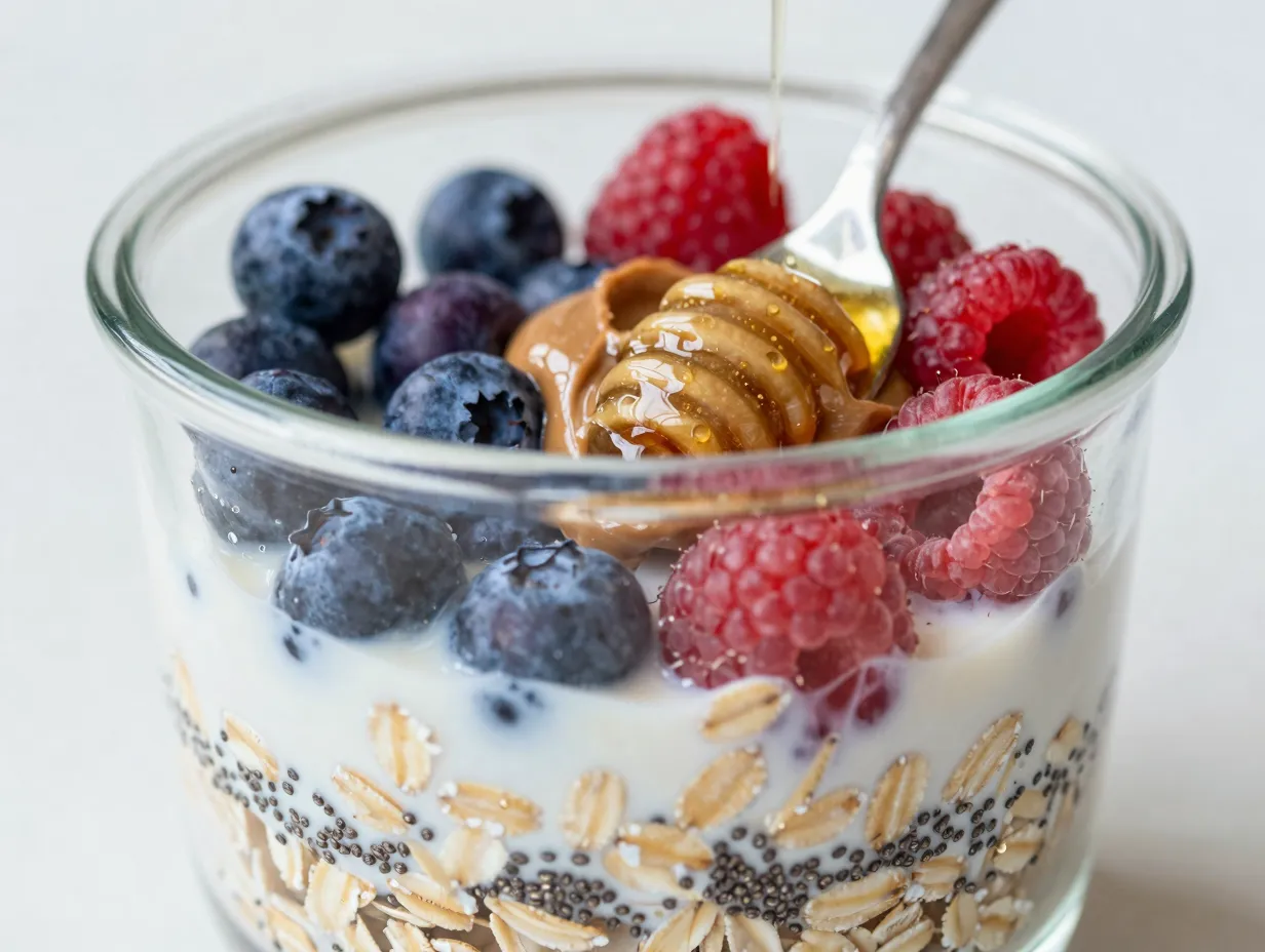 Overnight oats with chia seeds berries and almond butter