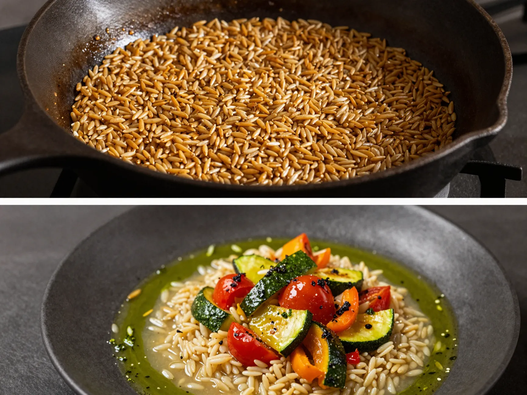 Toasted orzo with roasted vegetables and herb oil