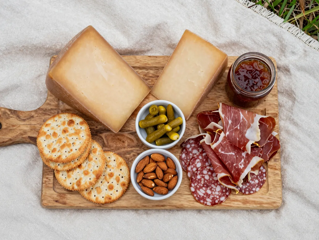 Assembled charcuterie board with cheeses and meats