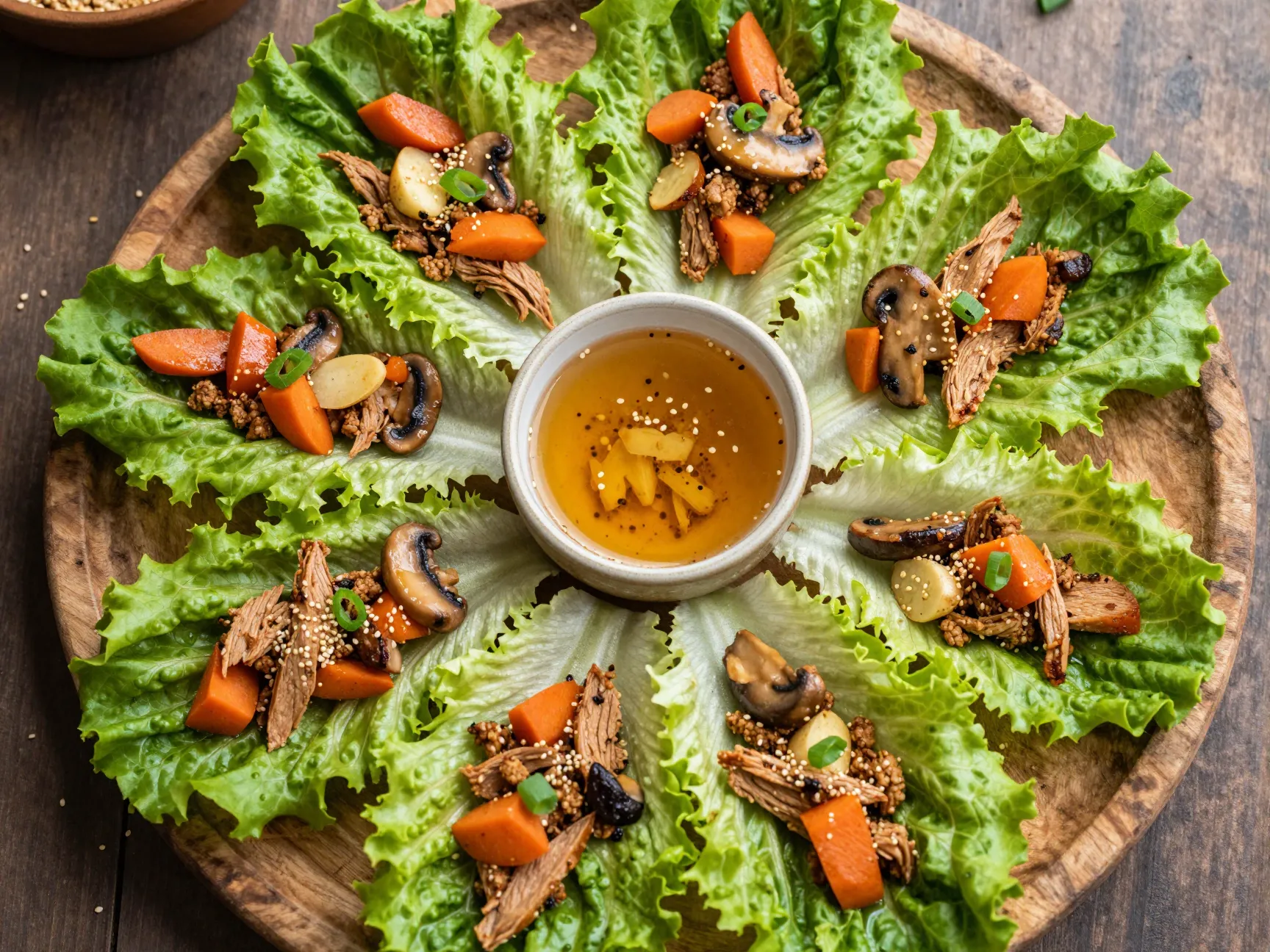 Turkey and vegetable lettuce wraps with ginger sesame sauce