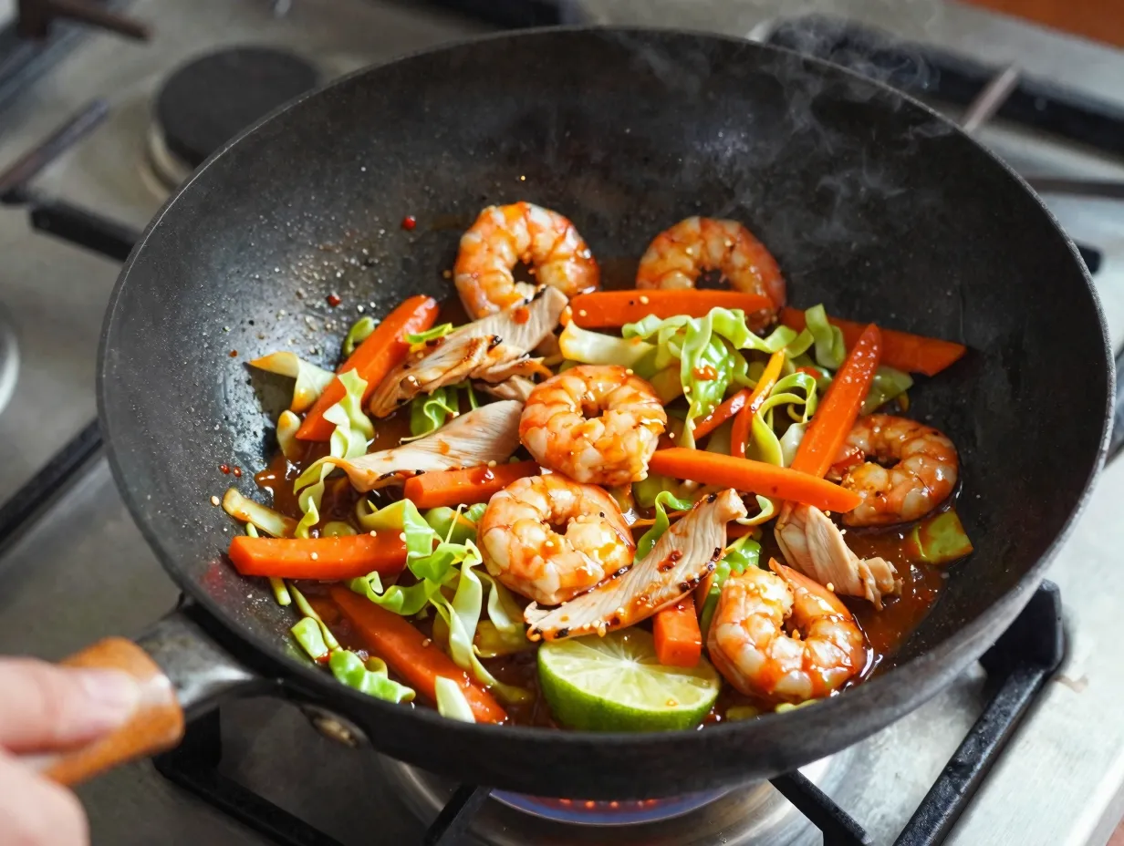 Chicken shrimp and cabbage stir fry