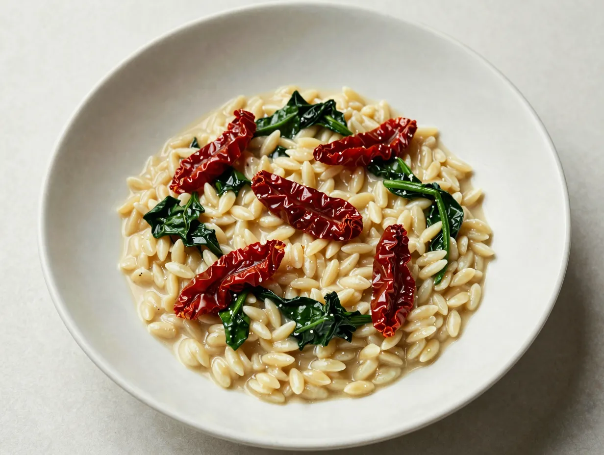 Creamy spinach and sun dried tomato orzo
