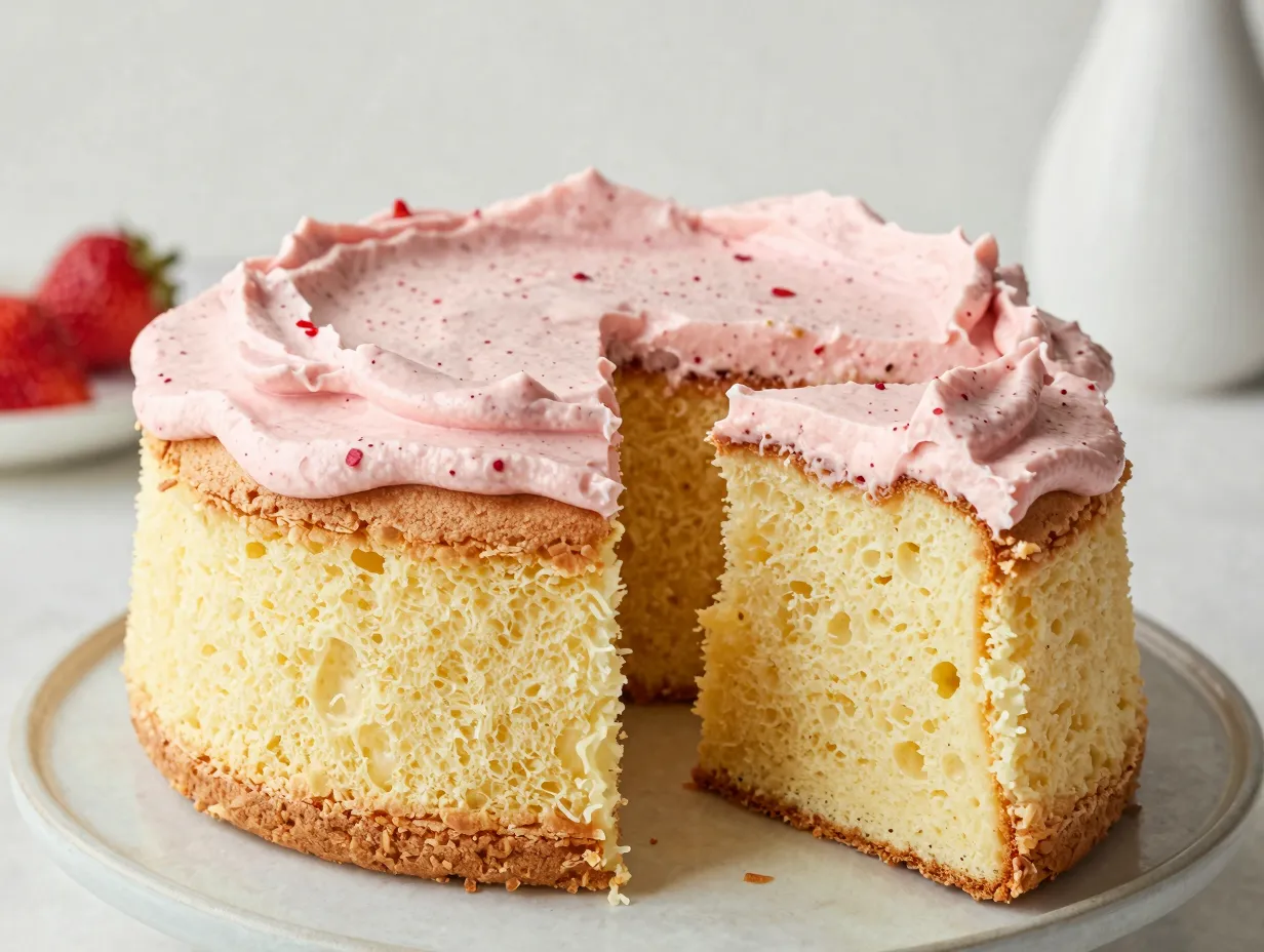 Lemon chiffon cake with fresh strawberry frosting