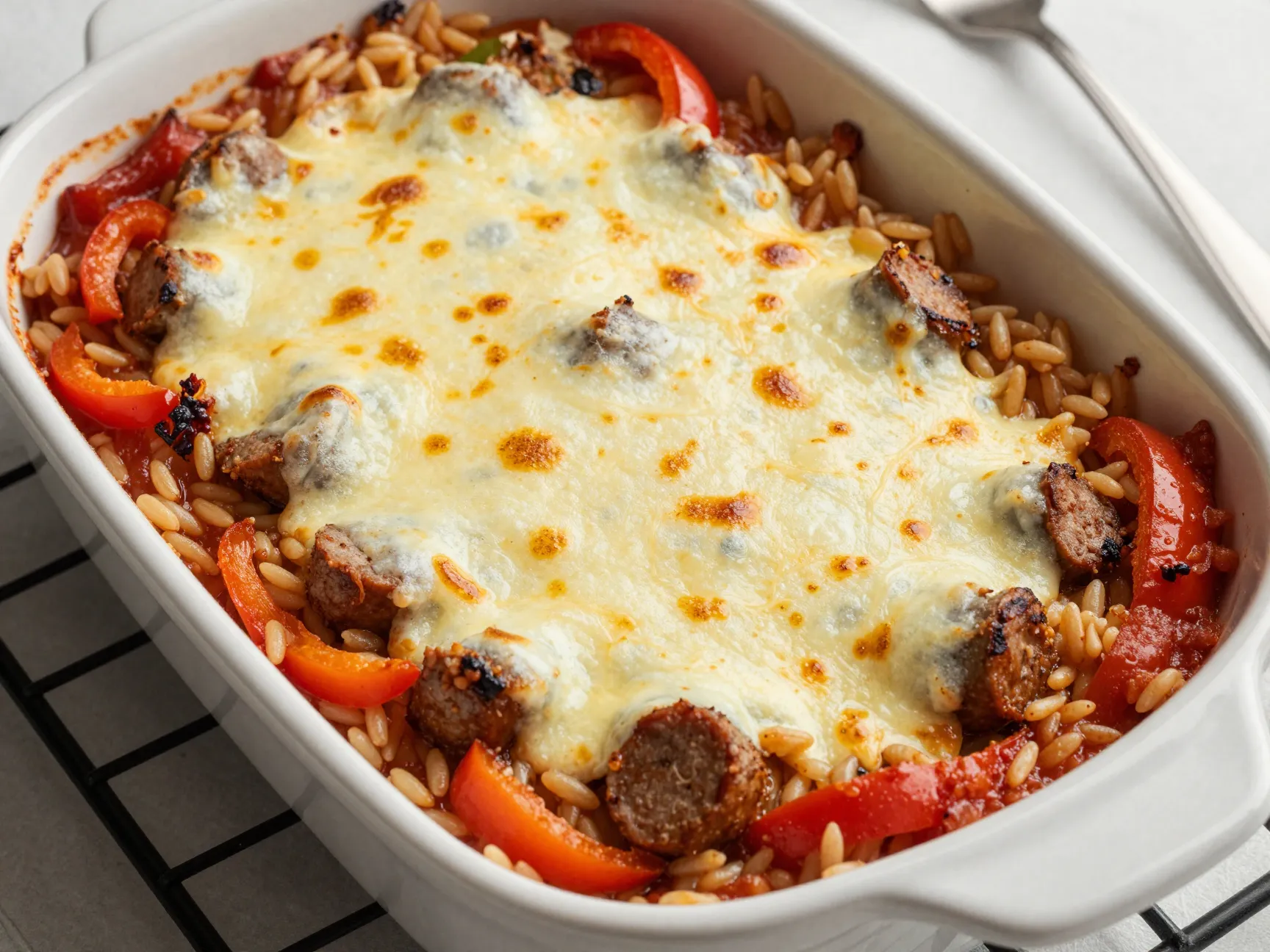 Baked orzo with sausage peppers and mozzarella
