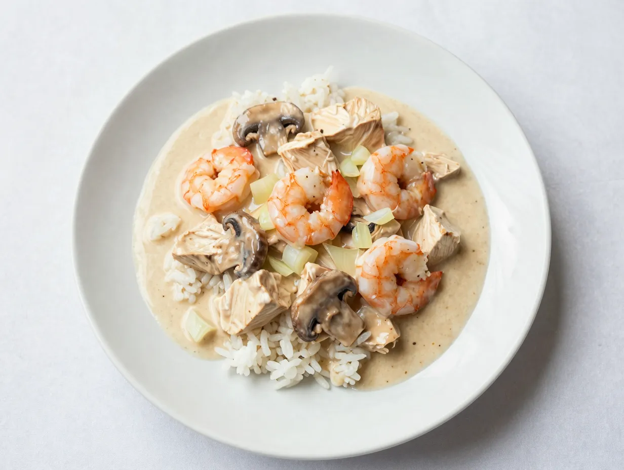 Deluxe chicken and shrimp in cream sauce