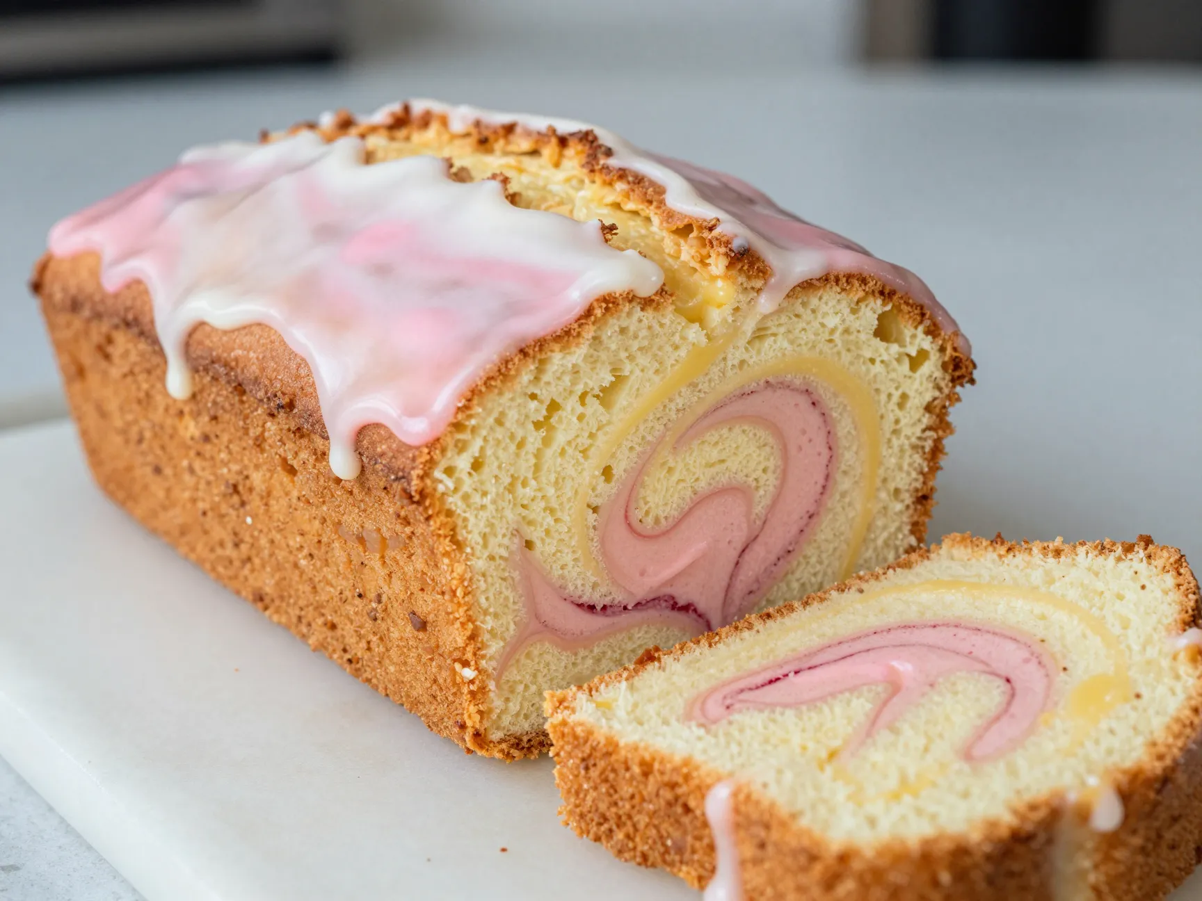 Lemon strawberry marble pound cake with dual flavored icing