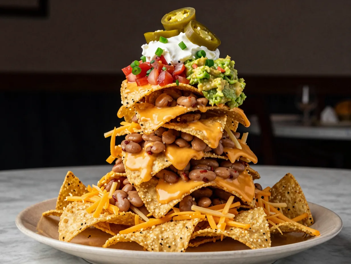 Mile high nachos with refried beans and dual cheese