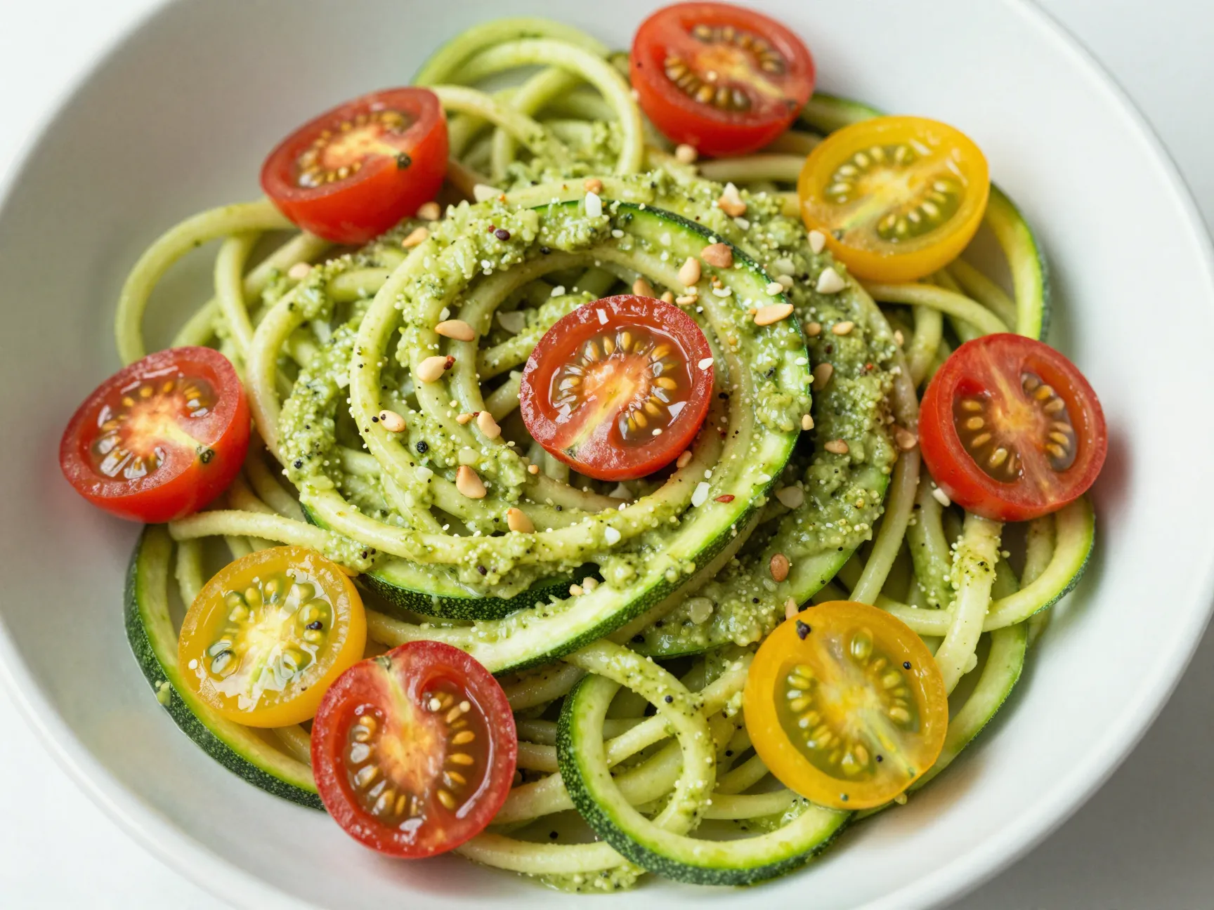Zucchini noodles with avocado pesto and cherry tomatoes