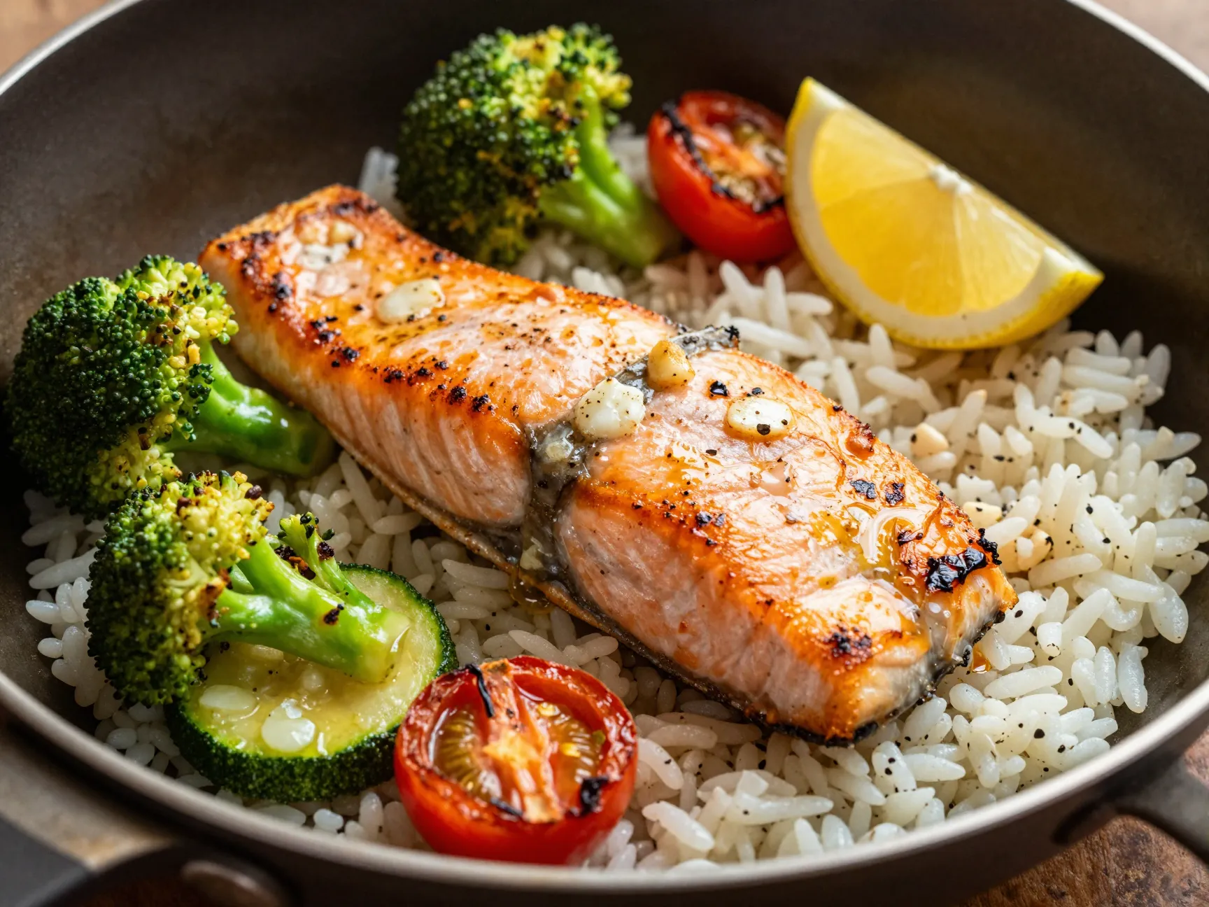 Garlic butter salmon bowl with roasted vegetables