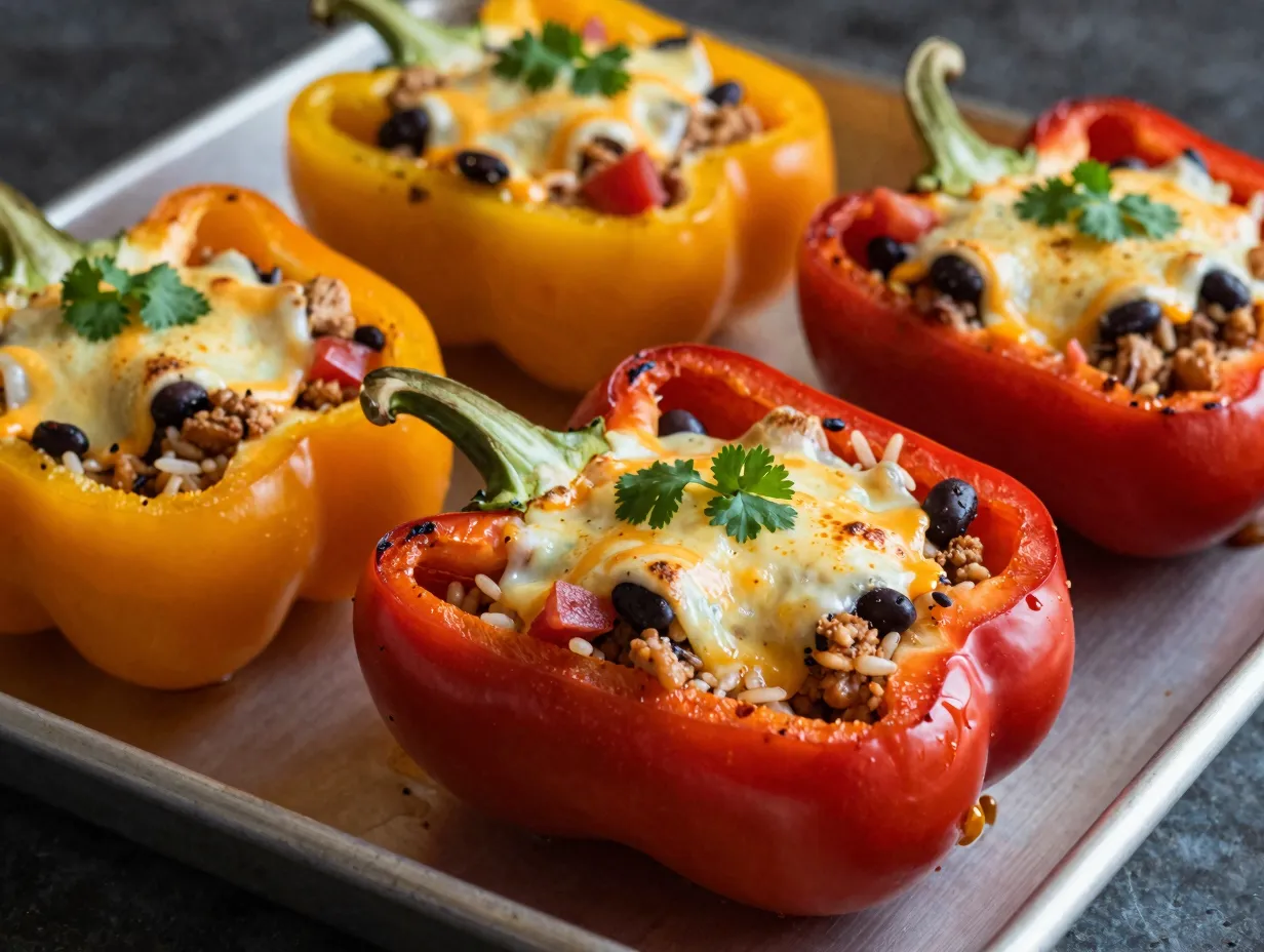 Stuffed bell peppers with ground chicken brown rice and black beans