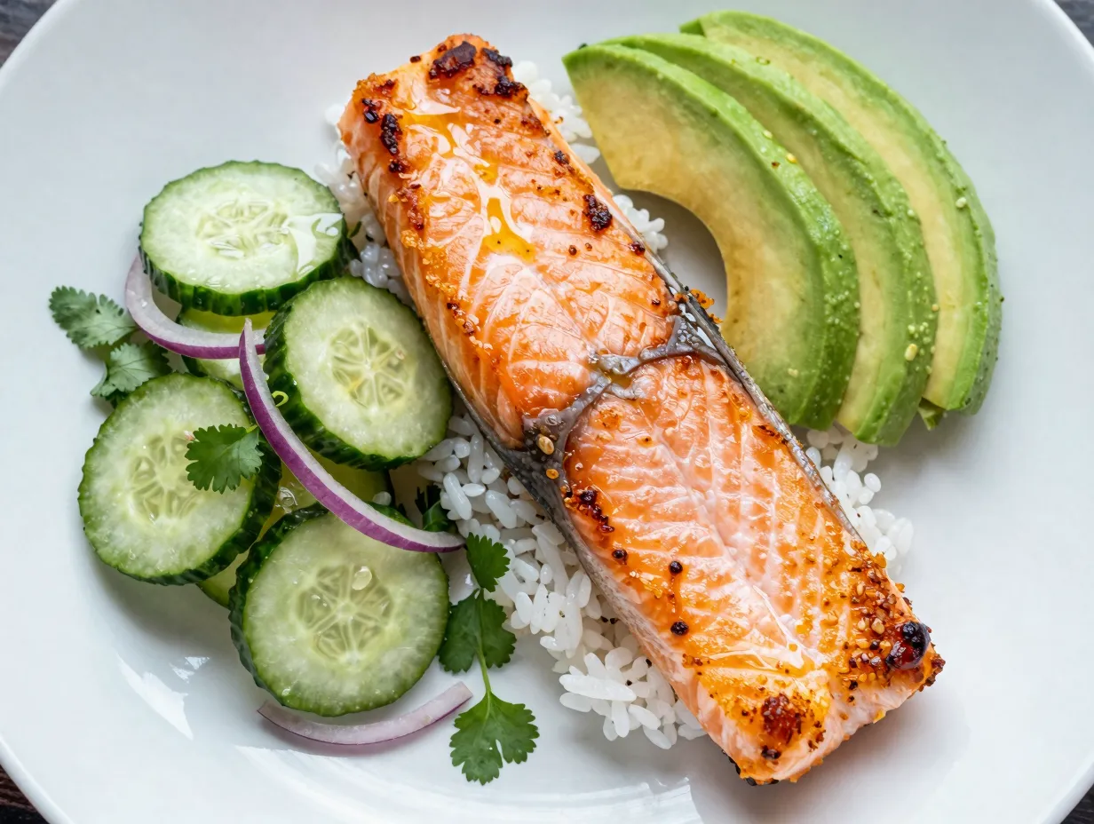 Crispy skin salmon bowl with cucumber salad