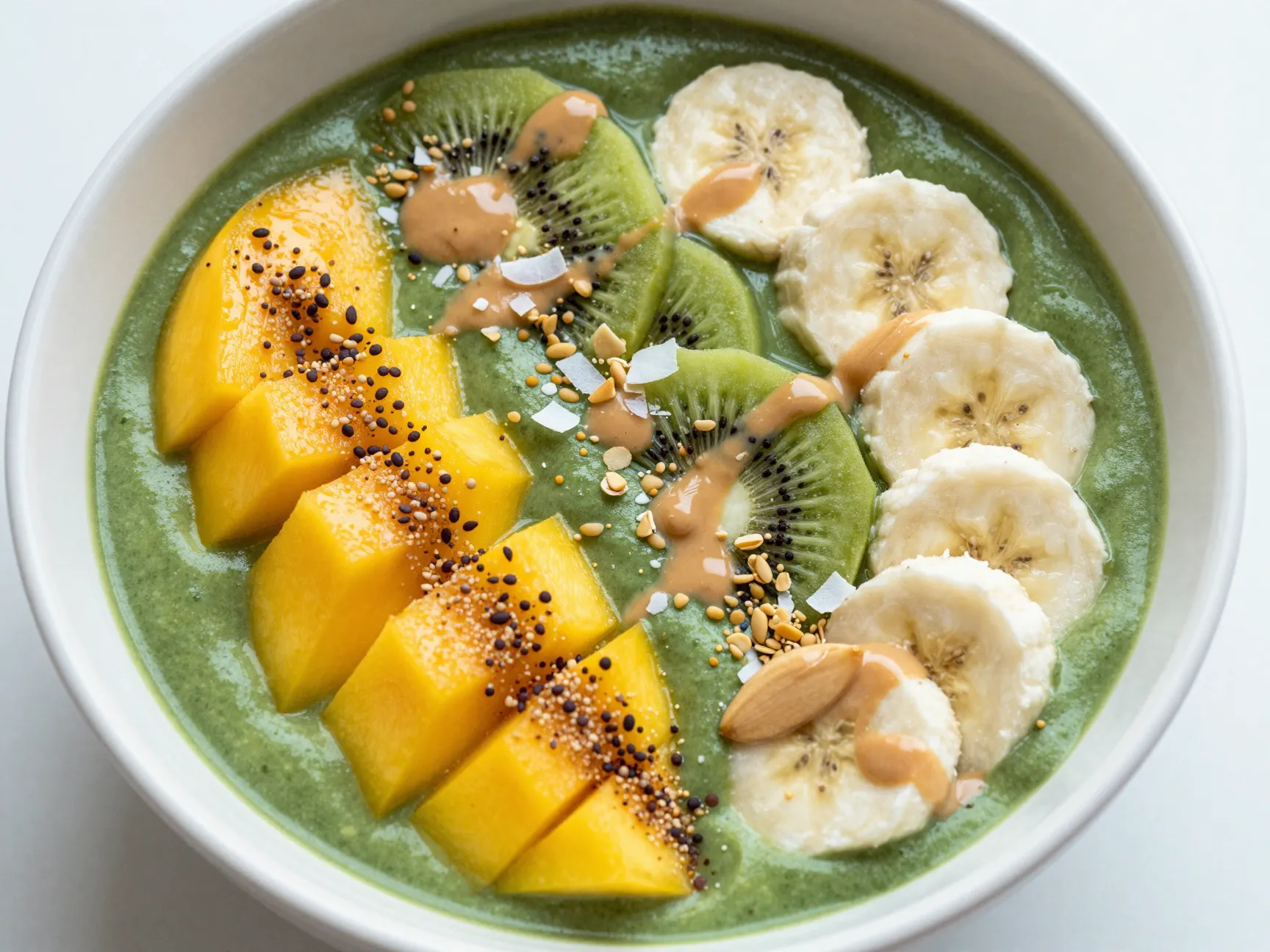 Green smoothie bowl with spirulina mango and toasted coconut