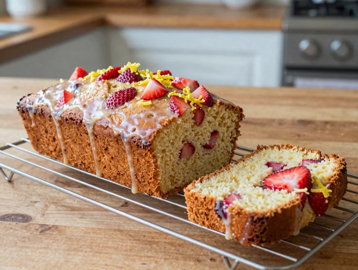 Lemon strawberry loaf cake with lemon glaze