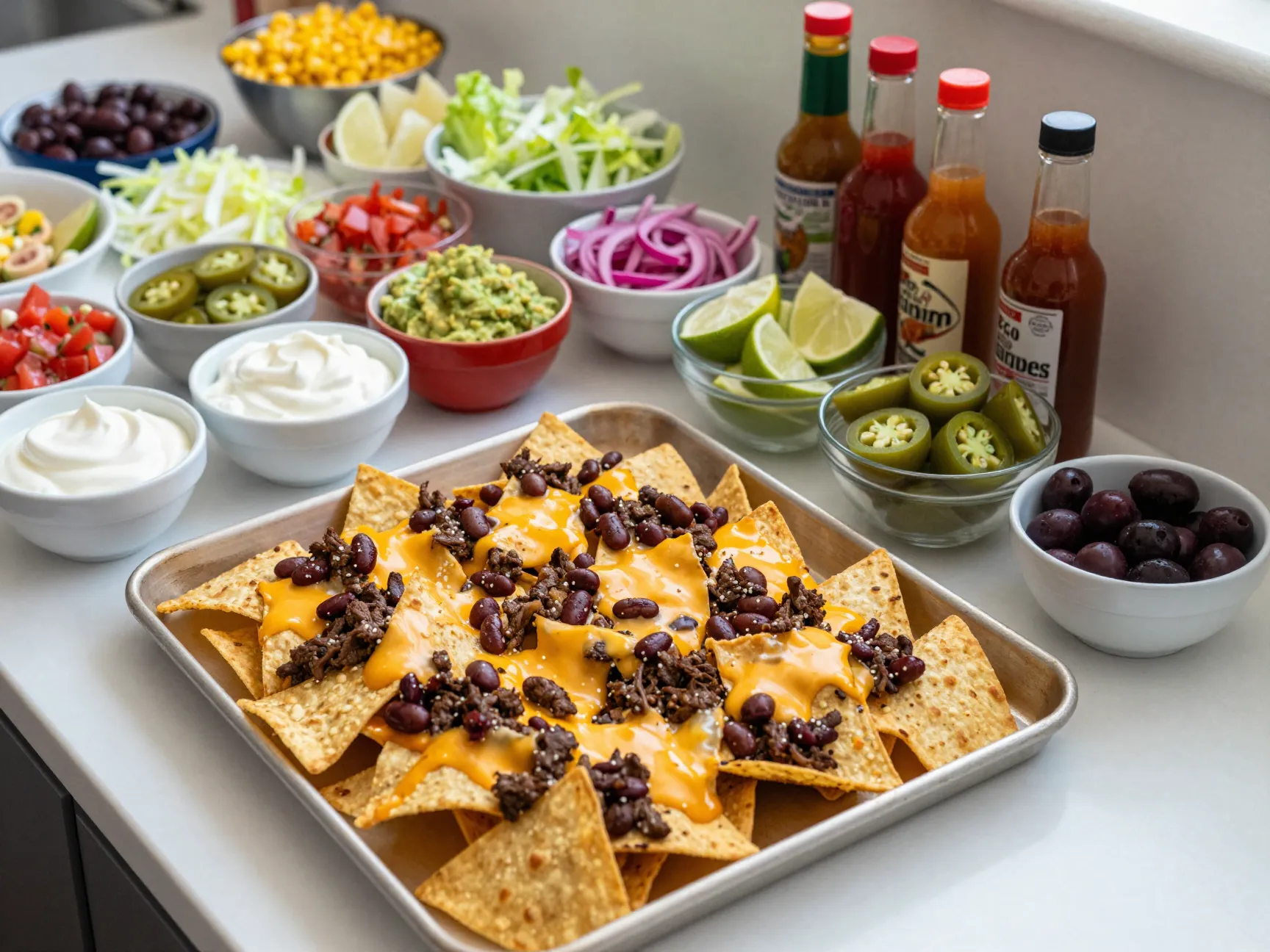 Sheet pan beef and bean nachos with fresh toppings bar