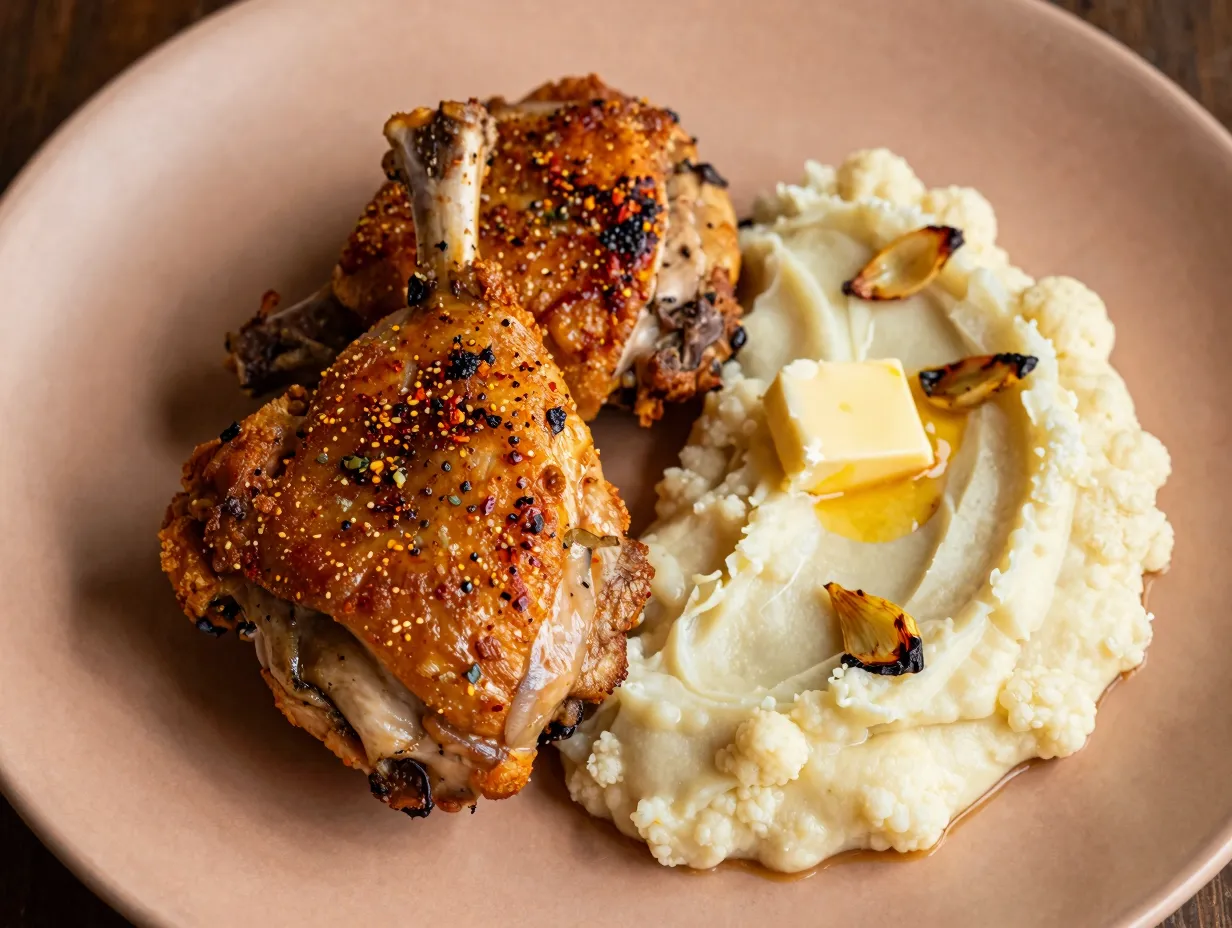 Baked chicken thighs with roasted garlic cauliflower mash