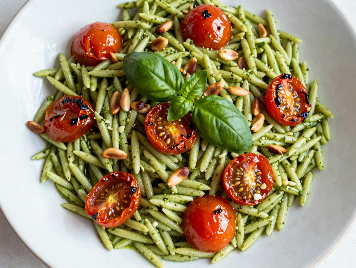 Cold orzo pasta salad with pesto and roasted cherry tomatoes