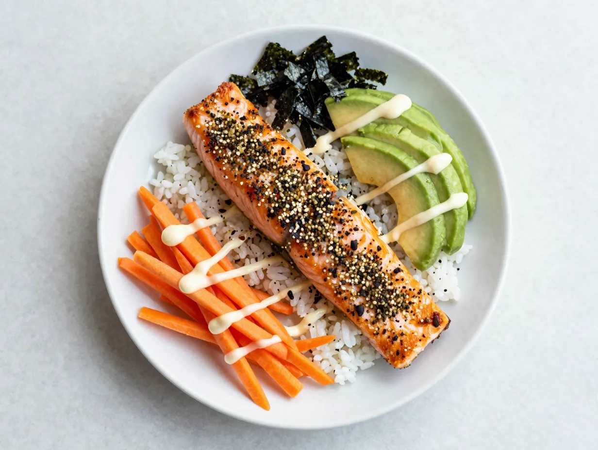 Furikake salmon bowl with pickled vegetables