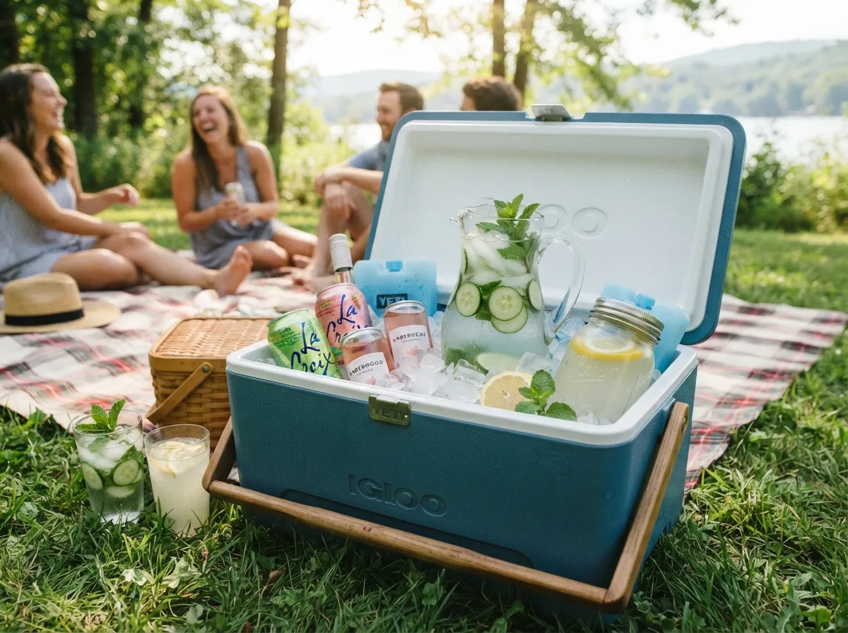 Infused waters and canned drinks in cooler for hydration