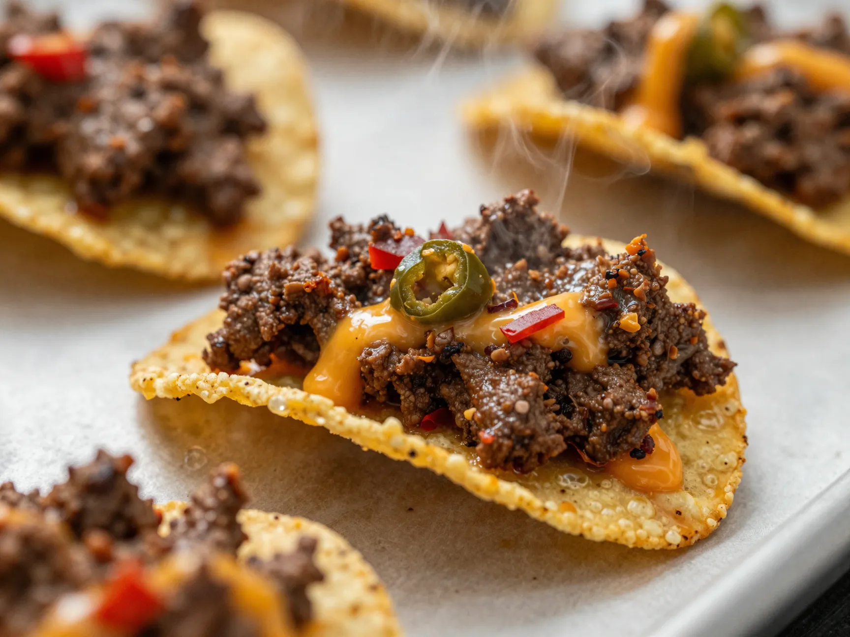 Ultimate beef nachos with oven crisped chips and spicy meat