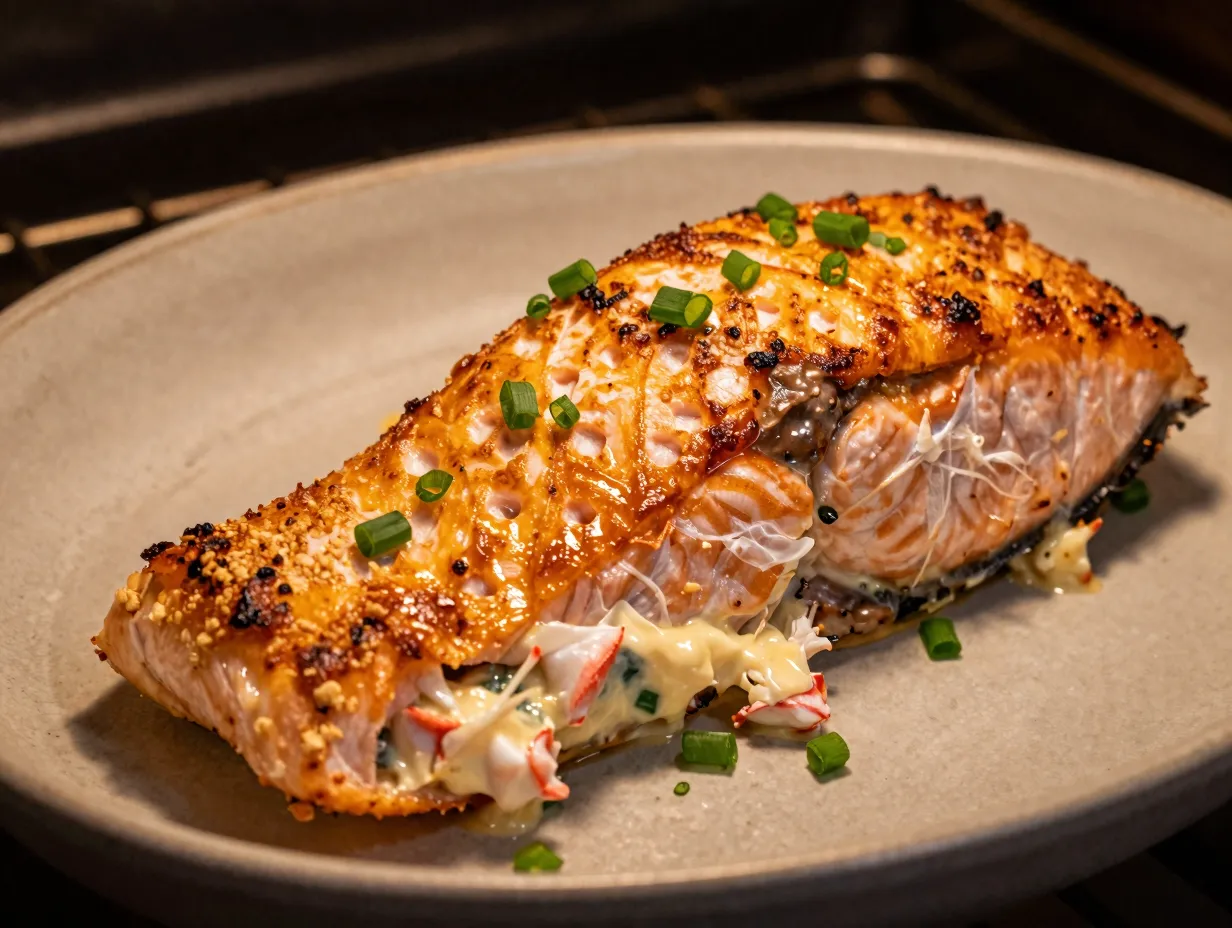 Crab and cream cheese stuffed salmon