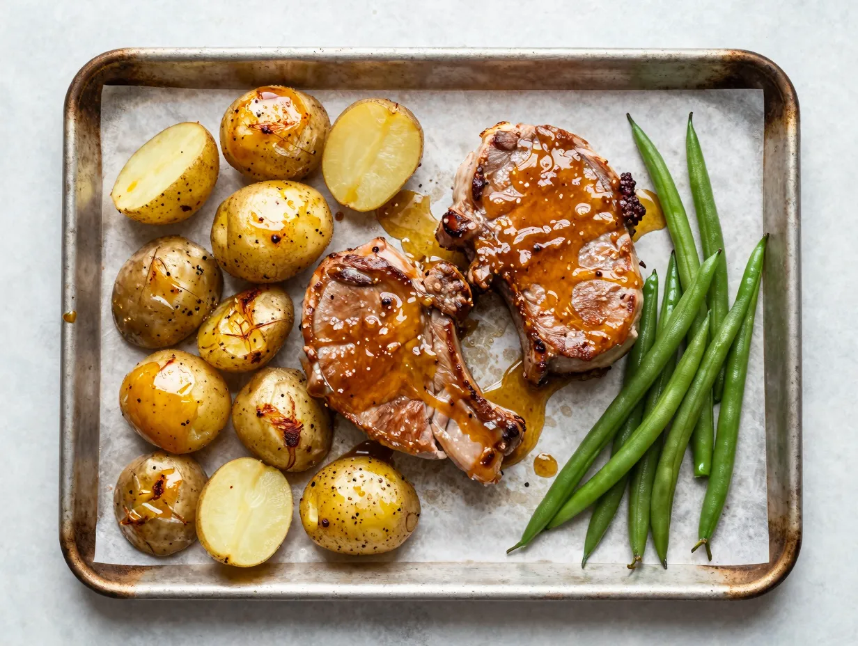 Sheet pan with glazed pork chops and roasted vegetables