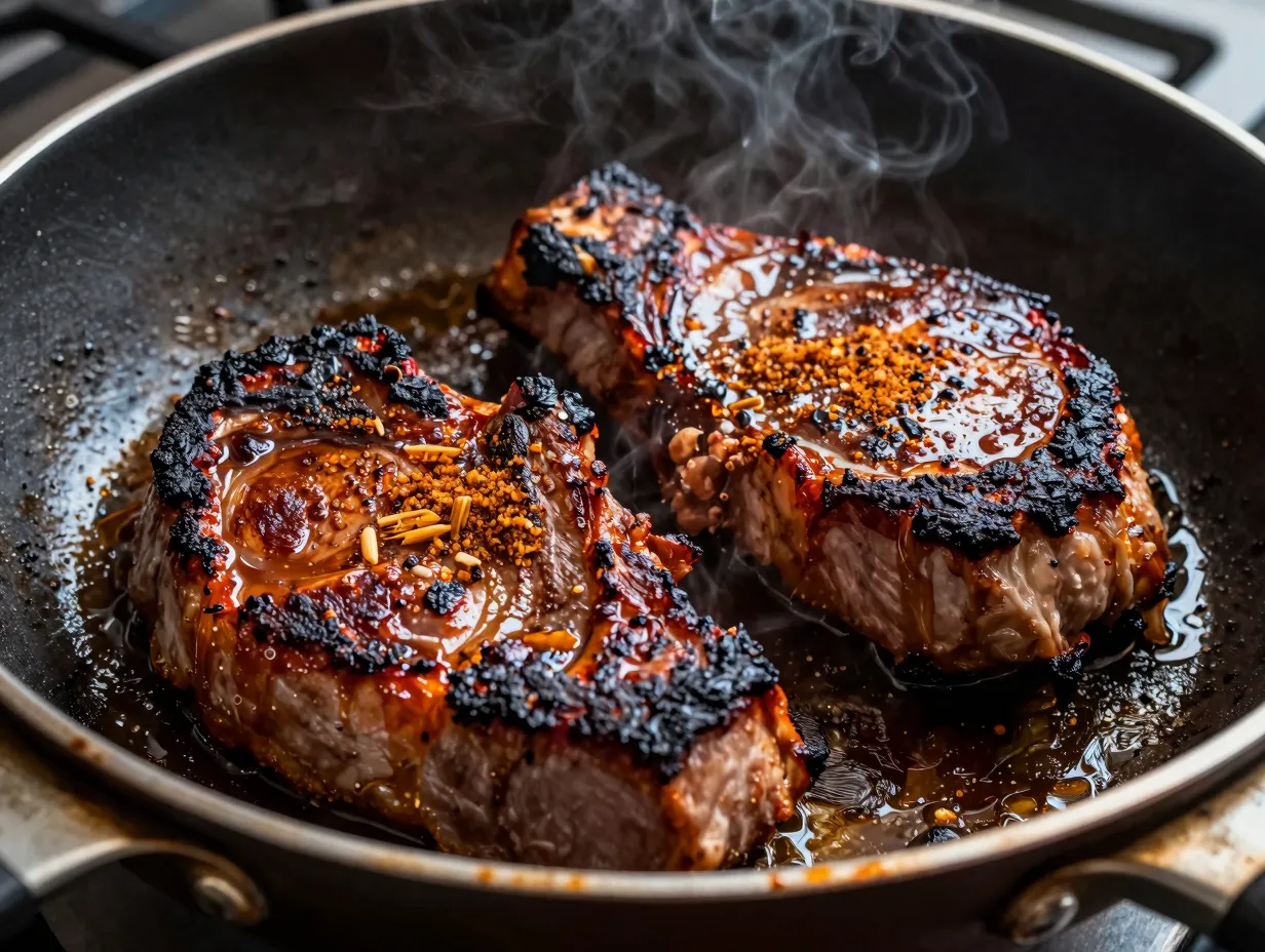Pork chops seared with dark smoky paprika crust