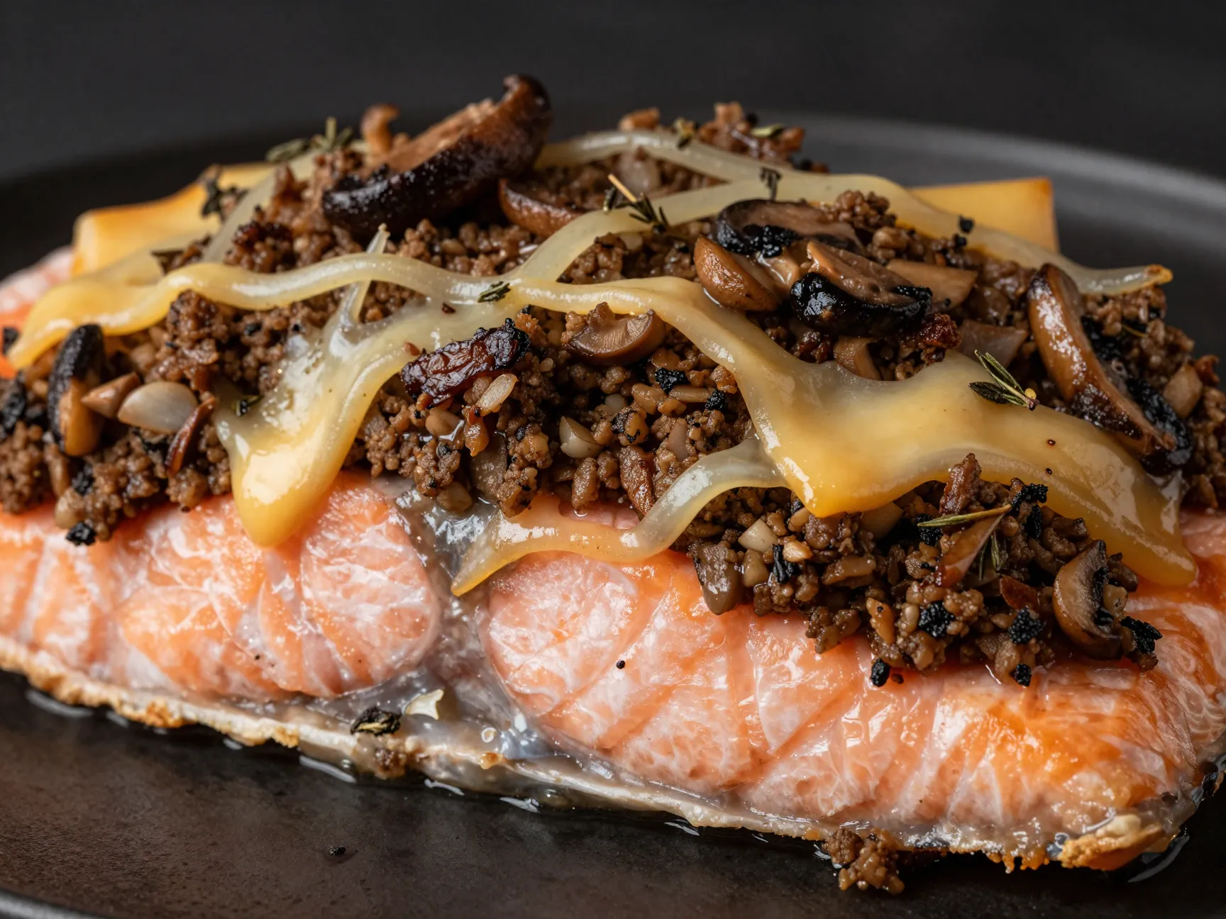 Mushroom duxelles and gruyere stuffed salmon