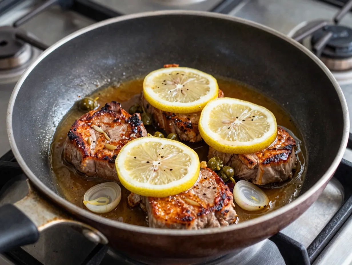 Pork chops resting in a bright lemon caper sauce