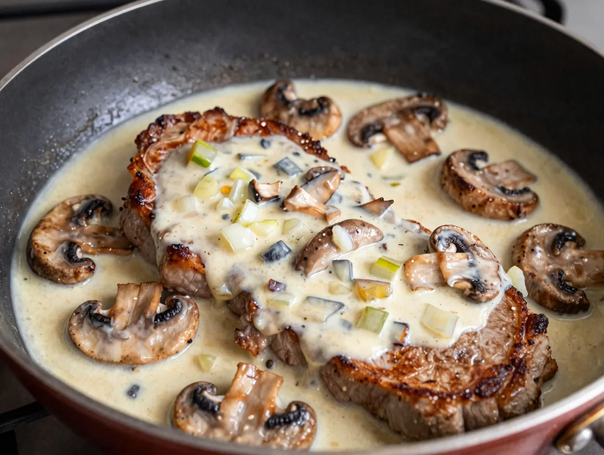 Creamy mushroom sauce poured over seared pork chops