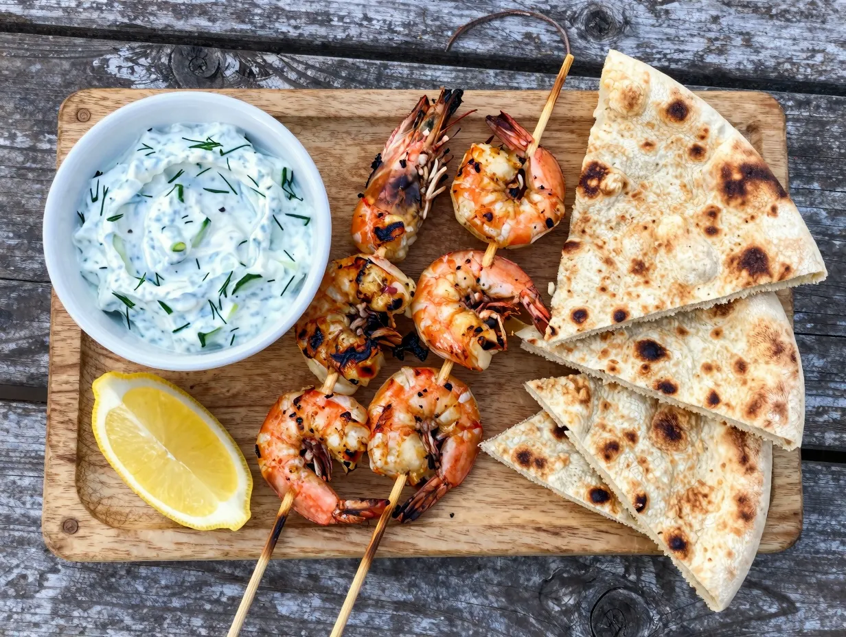 Grilled shrimp with tzatziki and pita