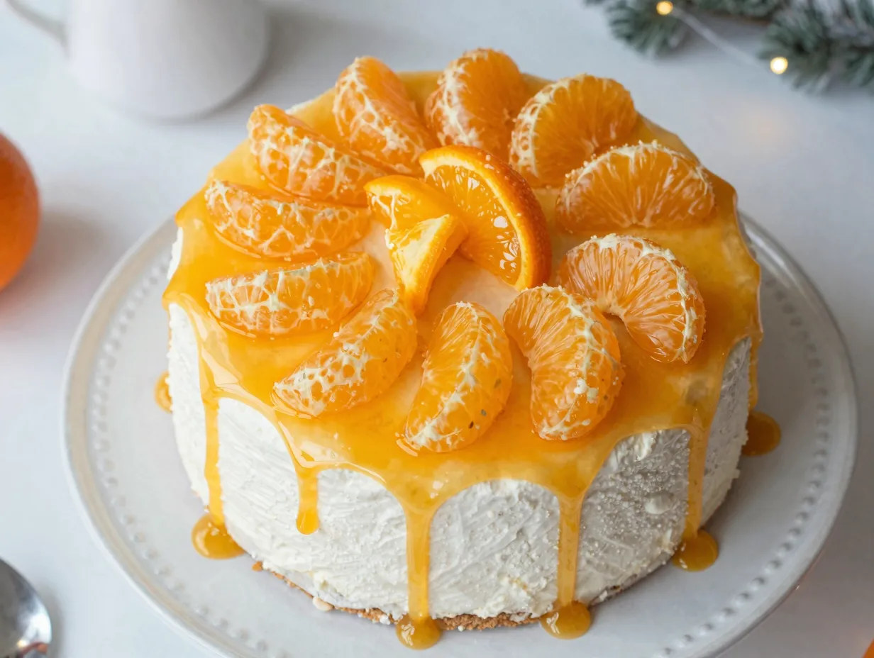 Pineapple angel food cake with mandarin orange glaze
